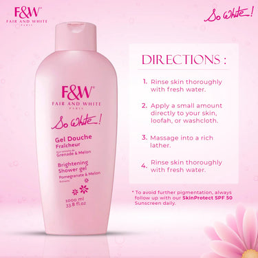 FAIR & WHITE So White Refreshing Brightening Body Wash - 1000ml / 33.8 fl oz - Daily Moisturizing Skin Shower Gel, with Pomegranate & Melon Extracts